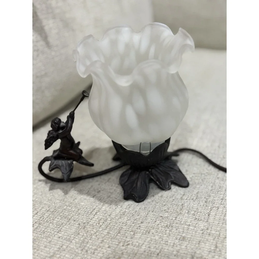 Bronze Cherub Accent Lamp Tulip Frosted Glass Shade Art Nouveau Style